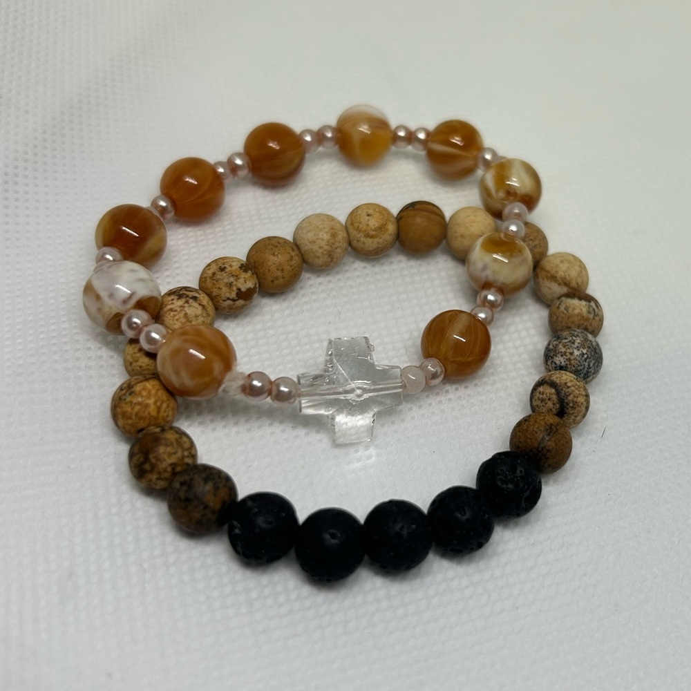 Natural Stone Beaded Bracelet Set Jasper Lava Rock Clear‎ Quartz Cross Boho